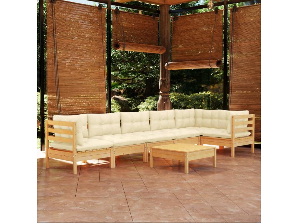 7-piece garden furniture set with cream cushions, pine wood LKTT95126