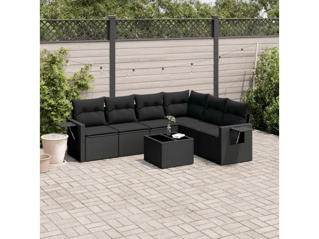 Salon de jardin 7 pièces avec coussins noir résine tressée EWJU62813