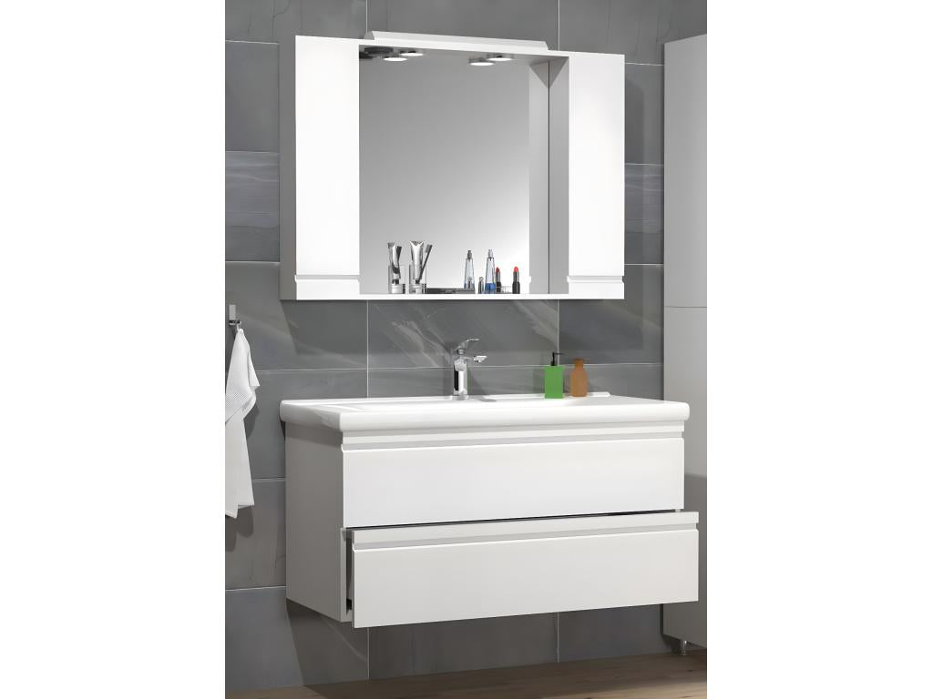 Ensemble de meubles de salle de bains Decohaute 3-pièces lavabo 100 cm lavabo sans poignée tiroir armoire de toilette Silora XL blanc ETTD41089