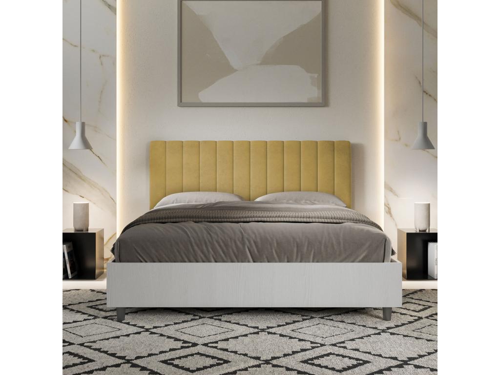 Bed with slatted base 160x200 white ash frame ochre microfiber headboard Domopure XEEH21207