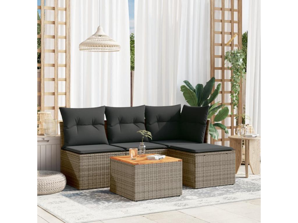 Salon de jardin 5 pcs avec coussins gris résine tressée VNYU90627