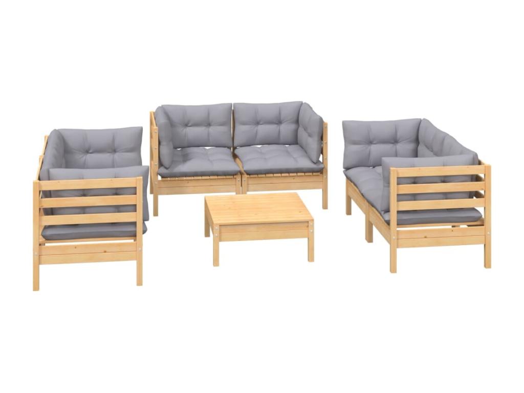 7-piece garden furniture set with grey cushions, solid pine wood MGWH38628