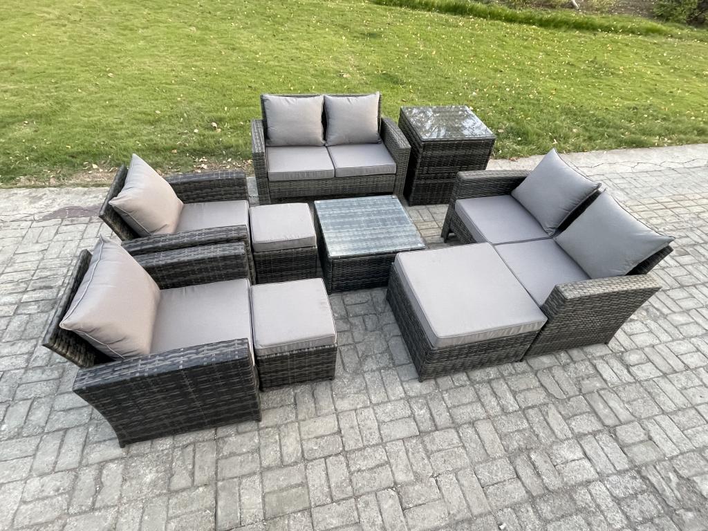9-piece rattan garden furniture set with 3 stools and a side table, dark grey AQMC10120
