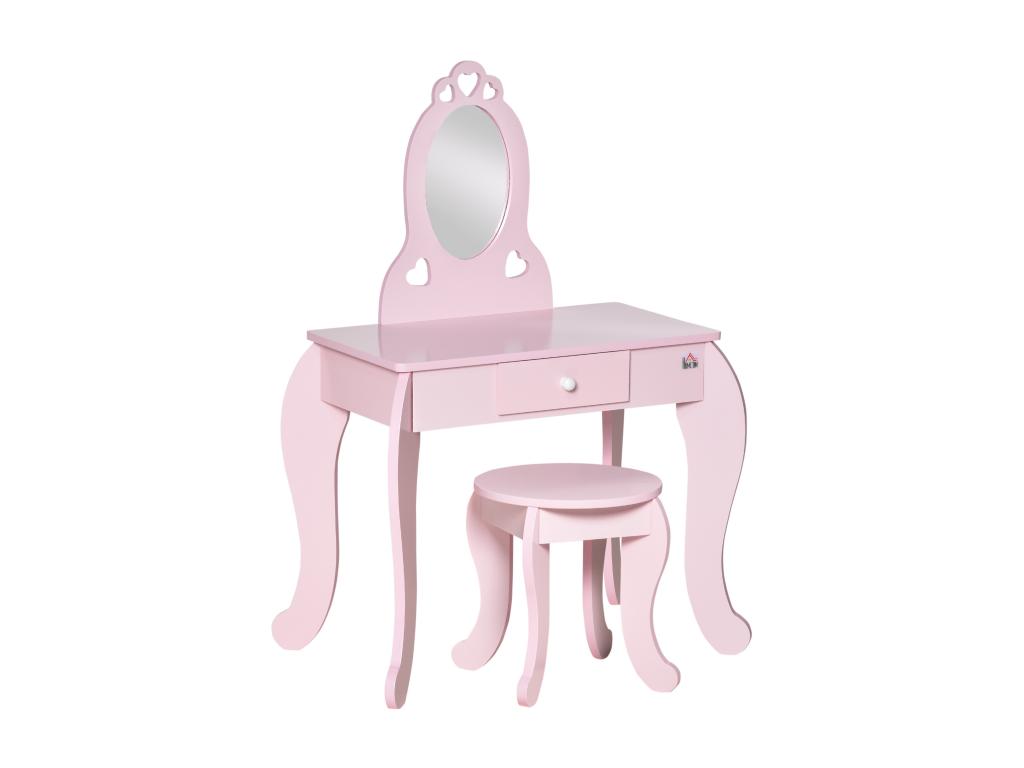 Domopure children's dressing table with heart motifs - stool included - dimensions: 60L x 36W x 88H cm - mirrored drawer - MDF - pink ZXNY77070