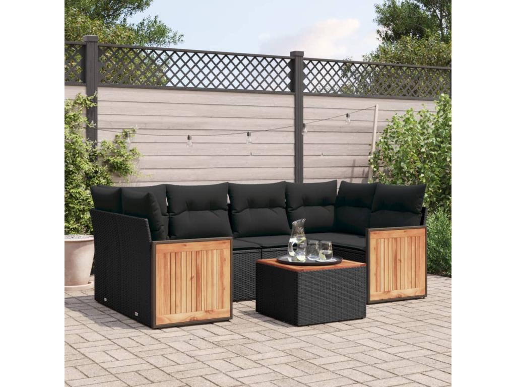 Salon de jardin 7 pcs avec coussins noir résine tressée AZUQ71476