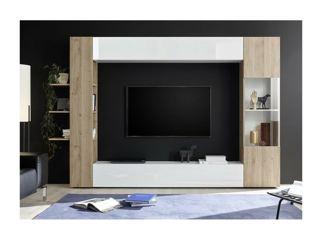 Living room furniture set with storage, Decohaute collection, white lacquer/light oak JVUG32405