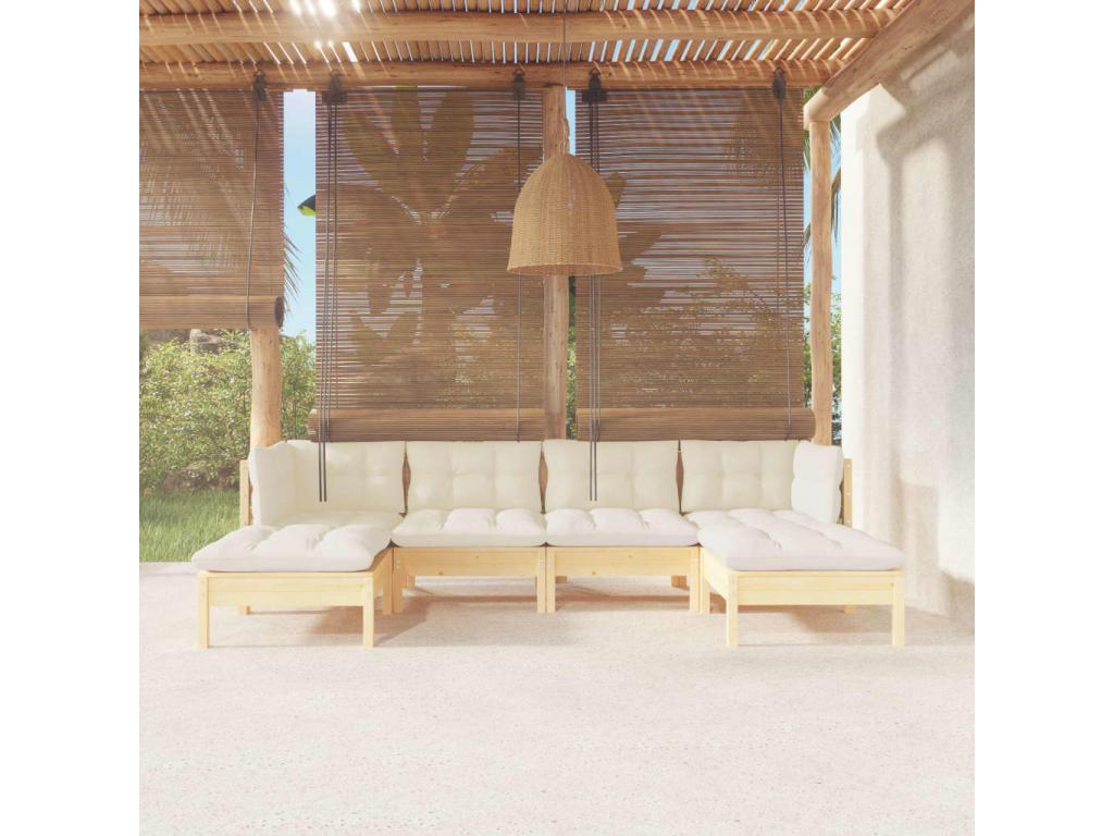 Salon de jardin 6 pcs avec coussins crème bois de pin UBNM38531