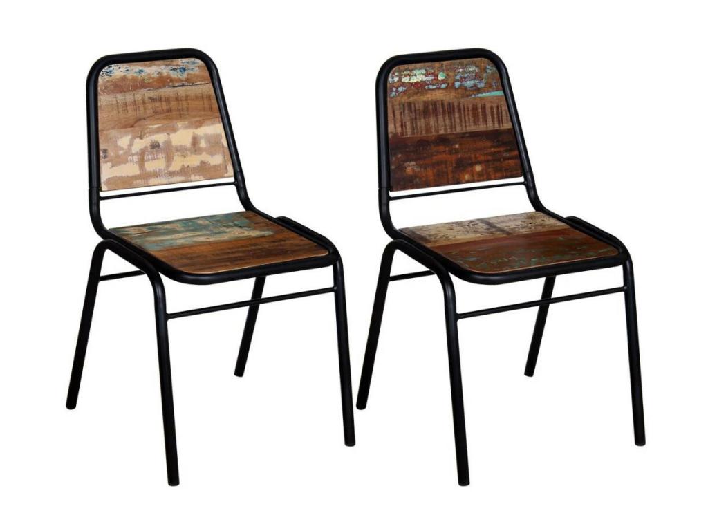 Chaise vintage bois recyclé massif et métal noir Chicyla - Lot de 2 TDVG56158