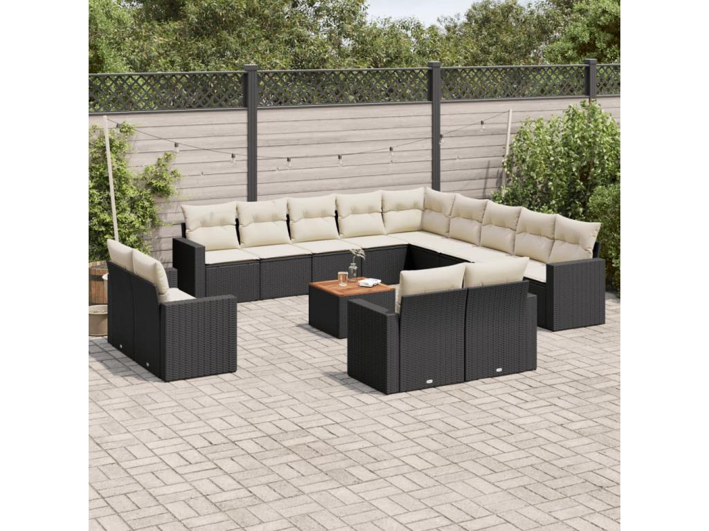 Garden furniture set with cushions, 14 pieces, black woven resin FQLN43175