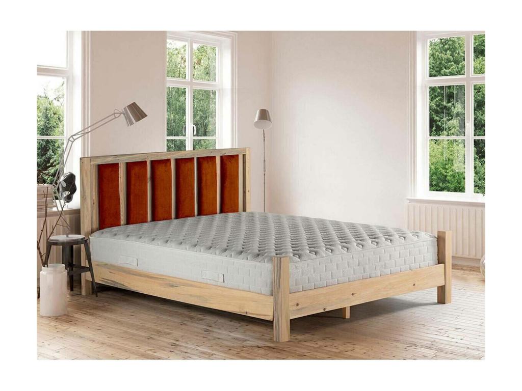 Decohaute Double Bed 140x200cm Light Solid Pine and Red Velvet SBTT74884