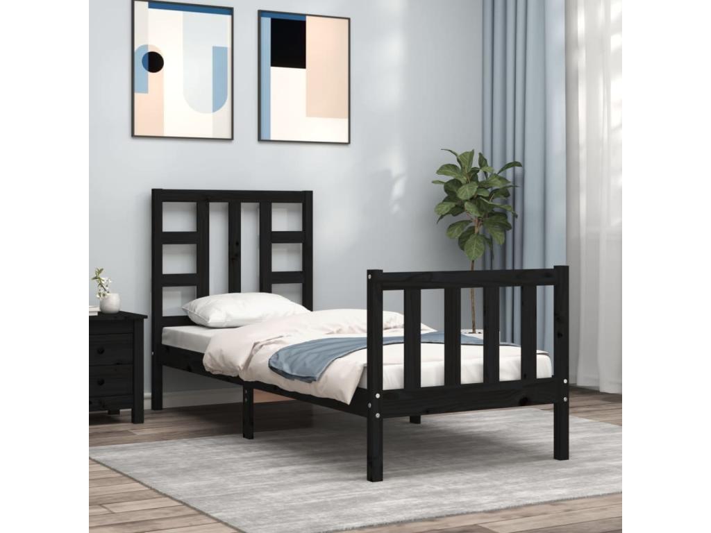 Cadre de lit avec tête de lit noir petit simple bois massif NYZQ37968