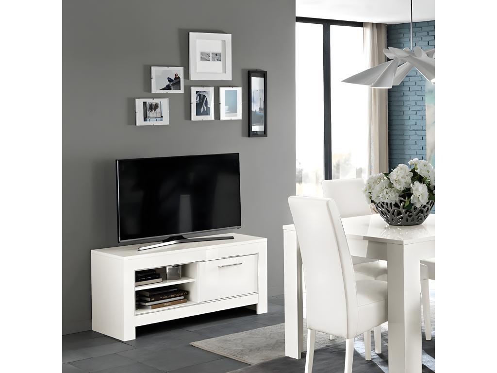 Decohaute - Meuble TV 1 Porte L112cm Laqué Blanc Brillant JTFV90670