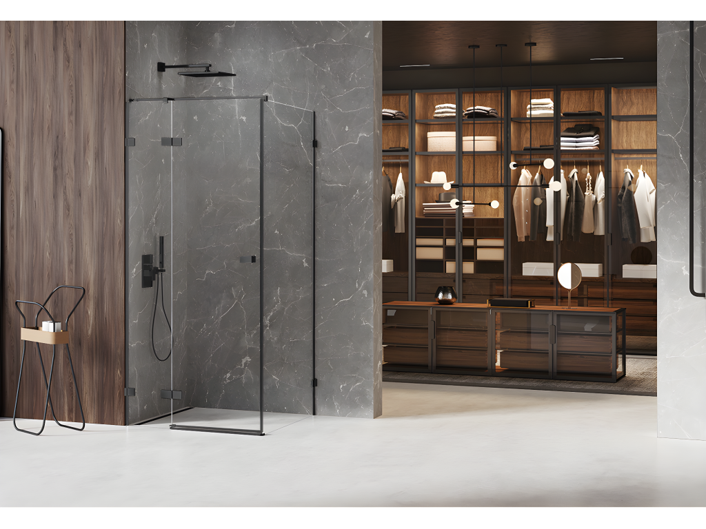 Cabine de douche noire 120x90cm pivotante gauche Decohaute BLACK acces de face WNIF62893