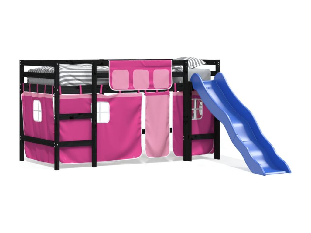 Children's loft bed and pink curtains 80x200cm solid pine wood ICQC58552
