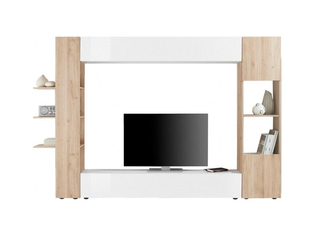 Living room furniture set with storage, Decohaute collection, white lacquer/light oak JVUG32405