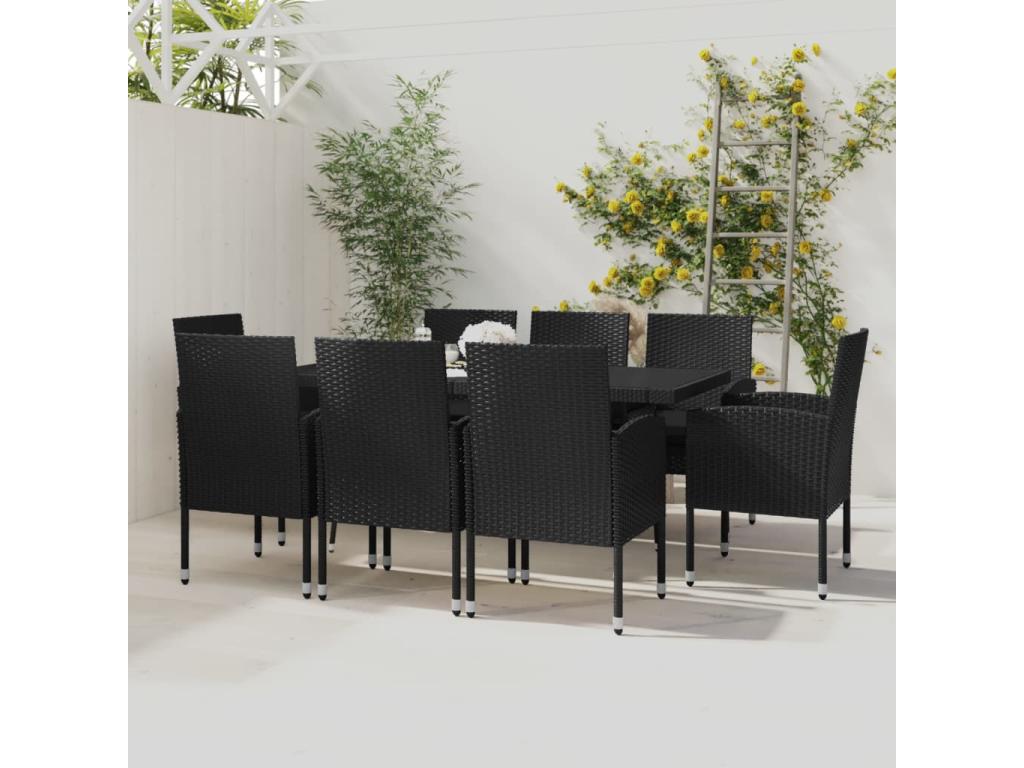 9-piece garden dining set, black wicker resin, CLHJ97086