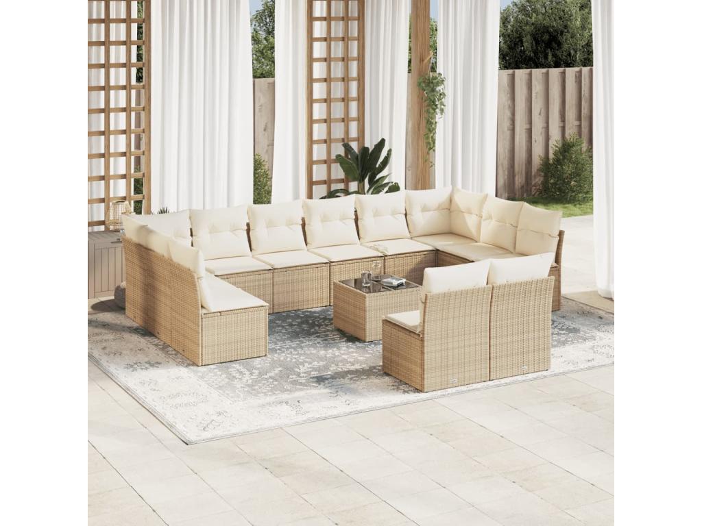 13-piece garden furniture set with cushions, beige woven resin QGKW41814