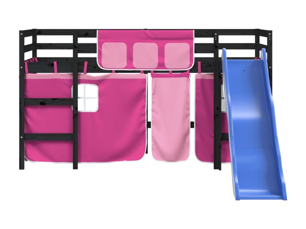 Children's loft bed and pink curtains 80x200cm solid pine wood ICQC58552