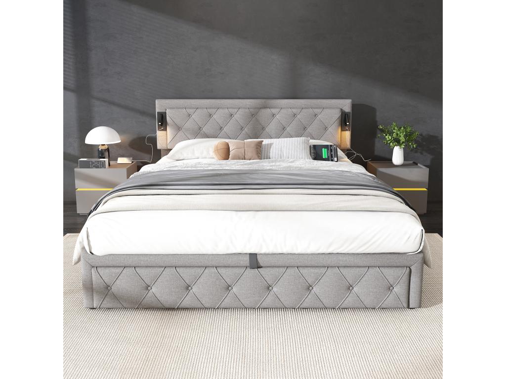 180x200 cm storage bed with headboard - LEDs and USB ports - Linen fabric - Diamond stripe pattern - Grey, without mattress VOFZ99462