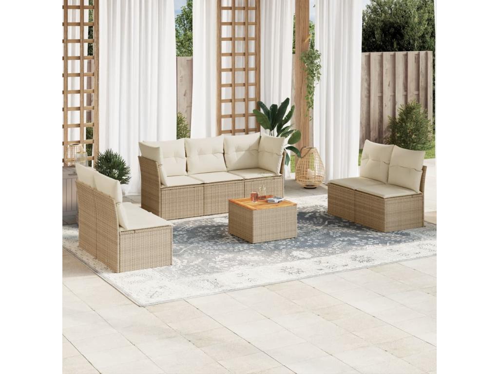 8-piece garden furniture set with cushions, beige woven resin IBIF56698
