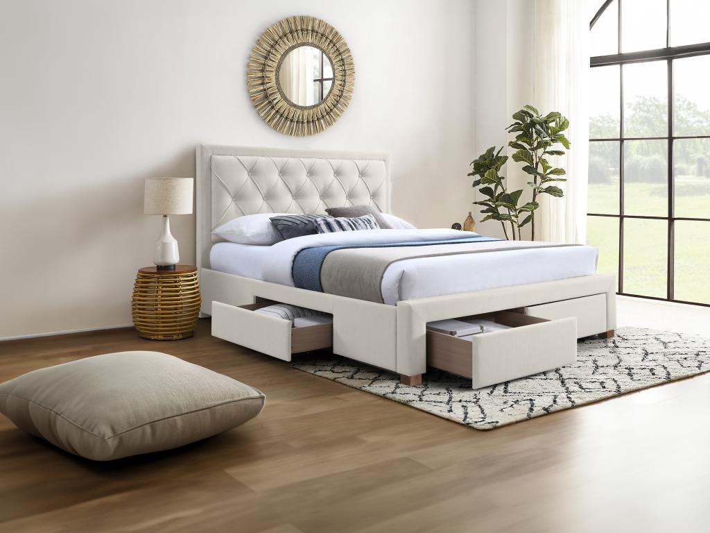 Bed with drawers 140x190 cm - Fabric - Beige - Domopure OQYU38898